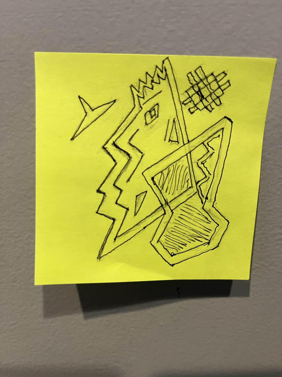 Counterpoint original study: pen drawing on a yellow Post-it note