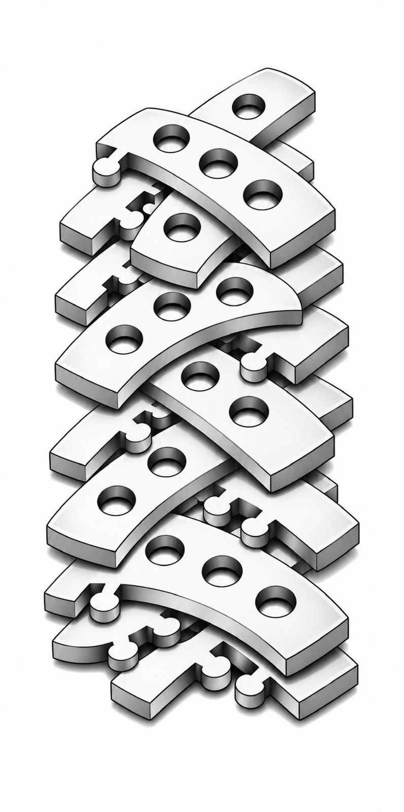 Interlocking Humanity, finished work: curved interlocking forms with circular openings stacked in a column