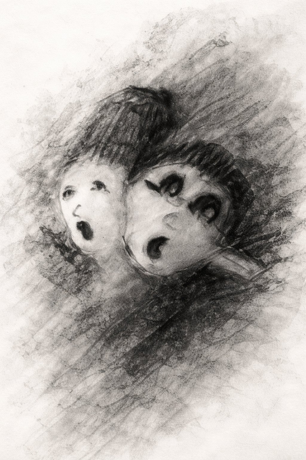 Original charcoal drawing of two faces with open mouths