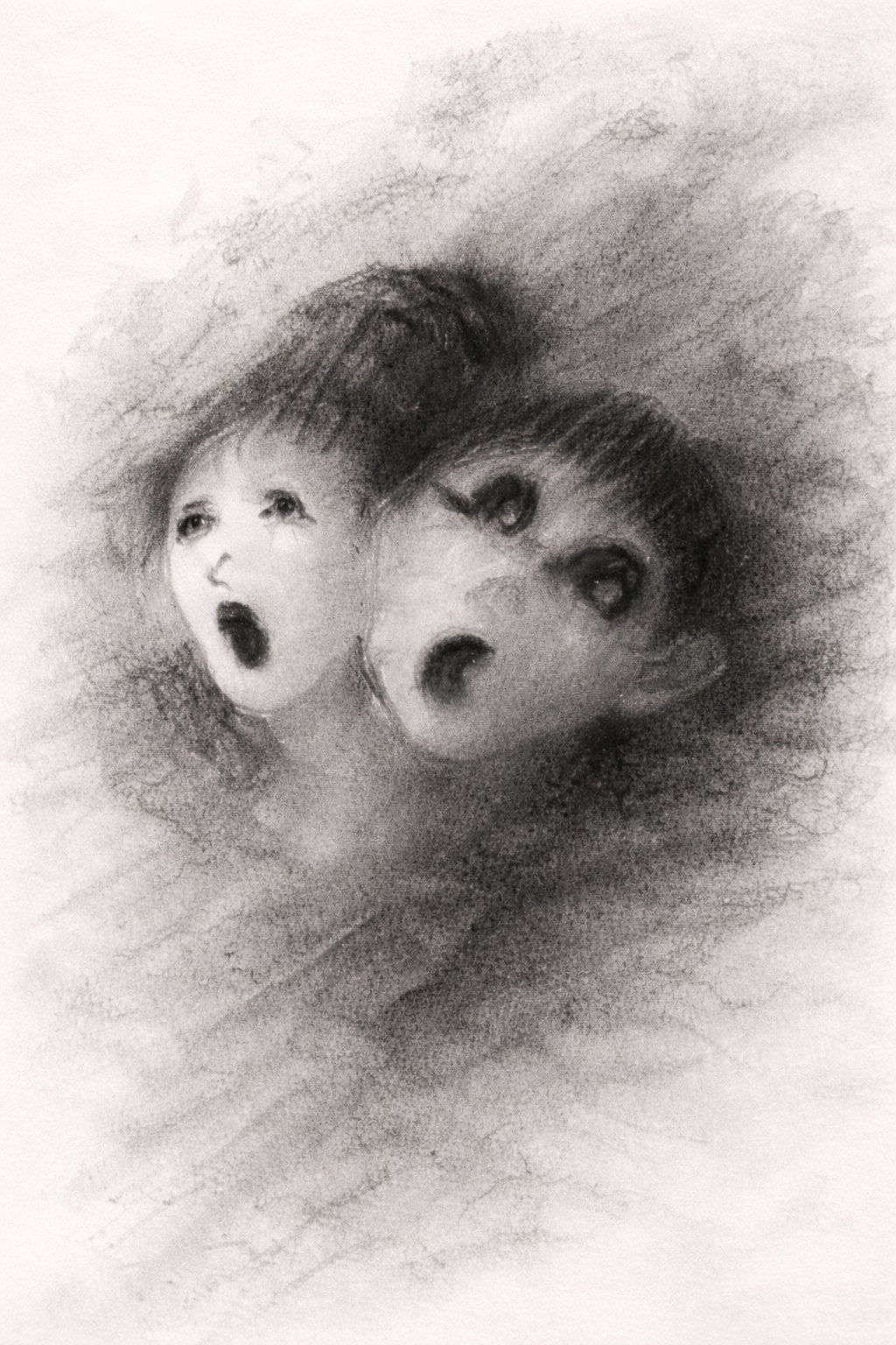 The First Question, finished work: two faces emerging from soft charcoal shadow