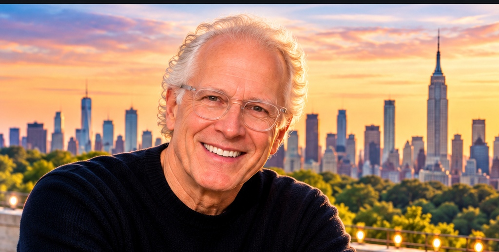 Richard Ehrlich with clear rectangular glasses and New York City skyline